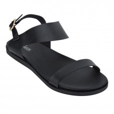 Estatos Metallic Shine Leather Open Toe Buckle Closure  Black Flat Sandals for Women